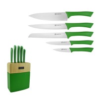 6 Piece Kitchen Knife set of green handle With Rubber Wood Block